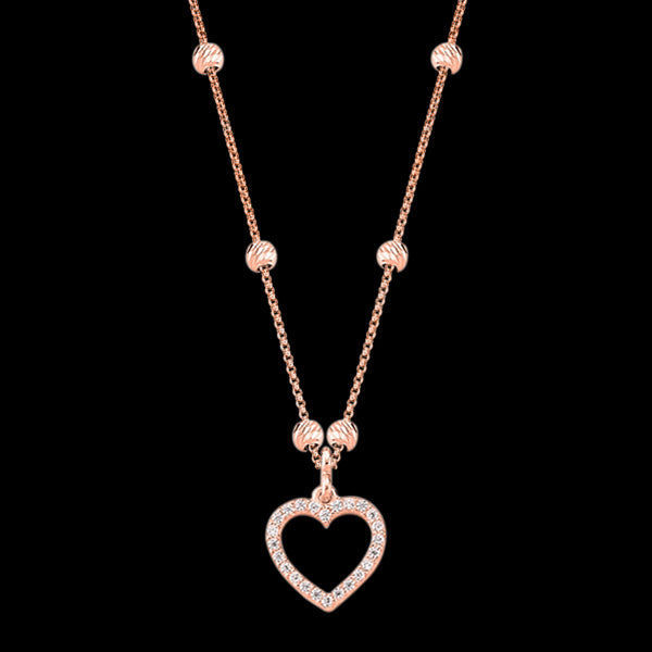 LUXXURY STERLING SILVER ROSE GOLD HEART PAVE CZ BEAD NECKLACE