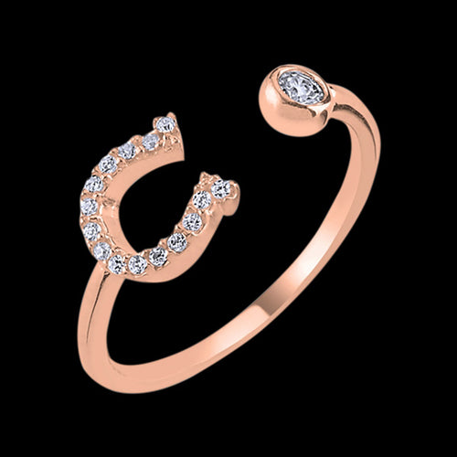 LUXXURY STERLING SILVER ROSE GOLD HORSESHOE PAVE CZ ADJUSTABLE RING