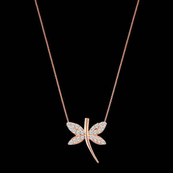 LUXXURY STERLING SILVER ROSE GOLD DRAGONFLY PAVE CZ NECKLACE