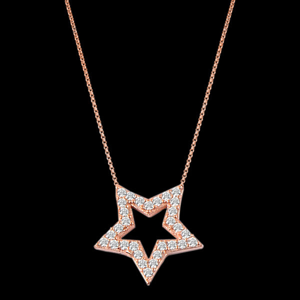 LUXXURY STERLING SILVER ROSE GOLD OPEN STAR PAVE CZ NECKLACE