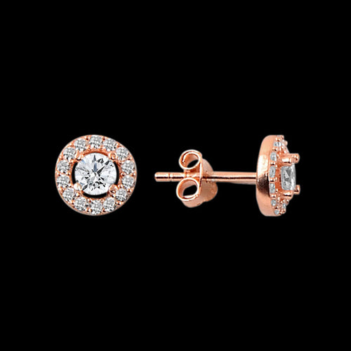 LUXXURY STERLING SILVER ROSE GOLD CIRCLE SOLITAIRE HALO CZ EARRINGS