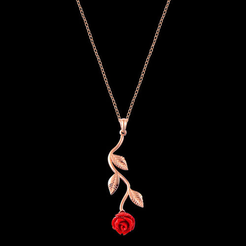 LUXXURY STERLING SILVER ROSE GOLD RED ROSE NECKLACE