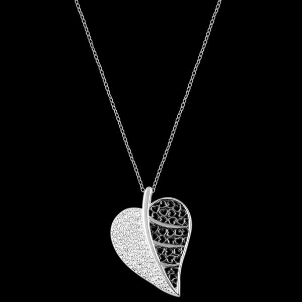 LUXXURY STERLING SILVER HEART LEAF FILIGREE PAVE CZ NECKLACE
