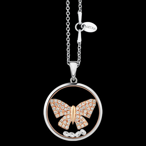 ASTRA TRANQUIL BUTTERFLY 20MM CIRCLE STERLING SILVER ROSE GOLD NECKLACE