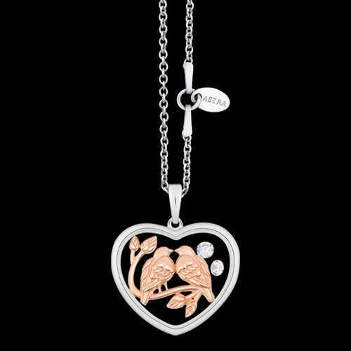 ASTRA LOVE BIRDS 20MM HEART STERLING SILVER ROSE GOLD NECKLACE
