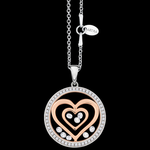ASTRA DOUBLE HEART 20MM CZ CIRCLE STERLING SILVER ROSE GOLD NECKLACE