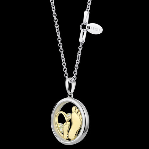 ASTRA GIFT OF LIFE BABY FEET 16MM CIRCLE STERLING SILVER GOLD NECKLACE