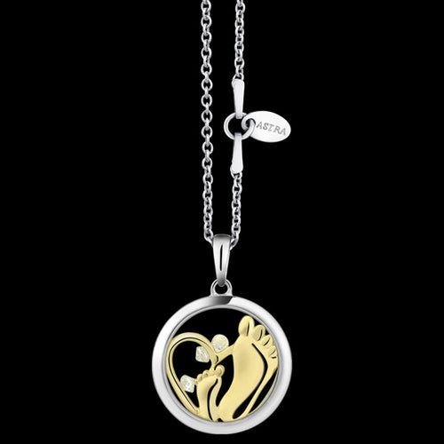 ASTRA GIFT OF LIFE BABY FEET 16MM CIRCLE STERLING SILVER GOLD NECKLACE