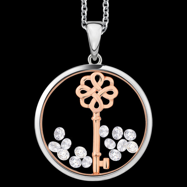 ASTRA LUCKY KEY 20MM CIRCLE STERLING SILVER ROSE GOLD NECKLACE