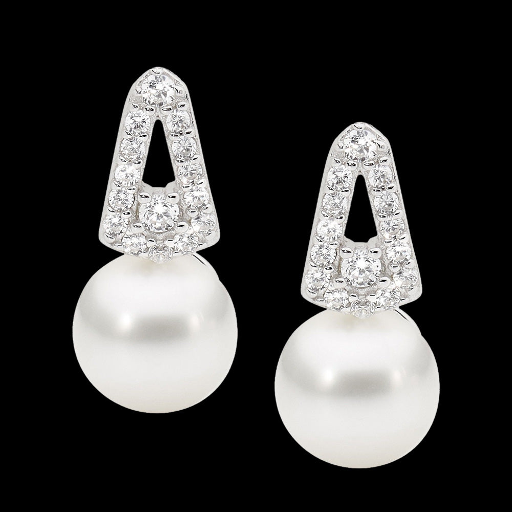 ELLANI STERLING SILVER PEARL TRIANGLE CZ STUD EARRINGS