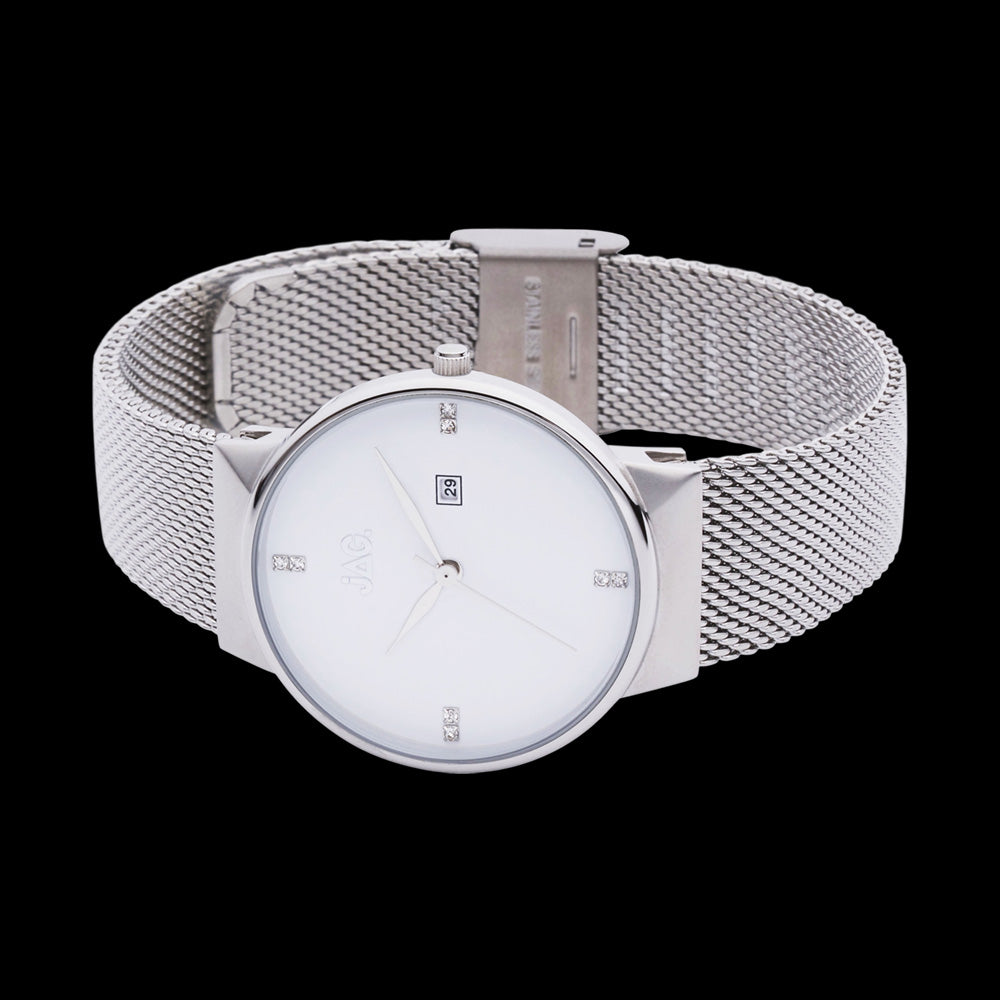 JAG LADIES PRUE WHITE DIAL SILVER MESH WATCH - SIDE VIEW