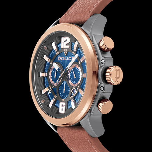 POLICE MEN'S KLEVAN ROSE GOLD TAN LEATHER WATCH - SIDE VIEW