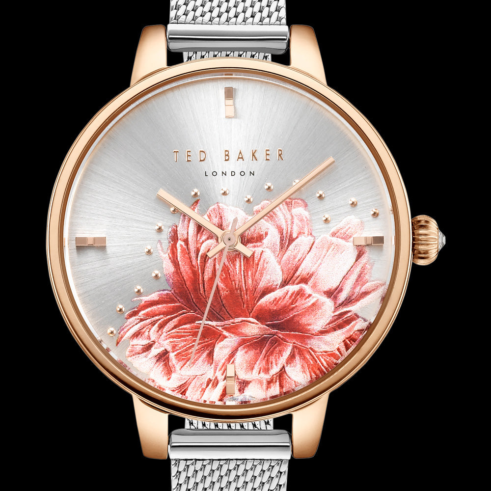 TED BAKER LADIES KATE PEONY 36MM TWO-TONE MESH WATCH - DIAL CLOSE-UP