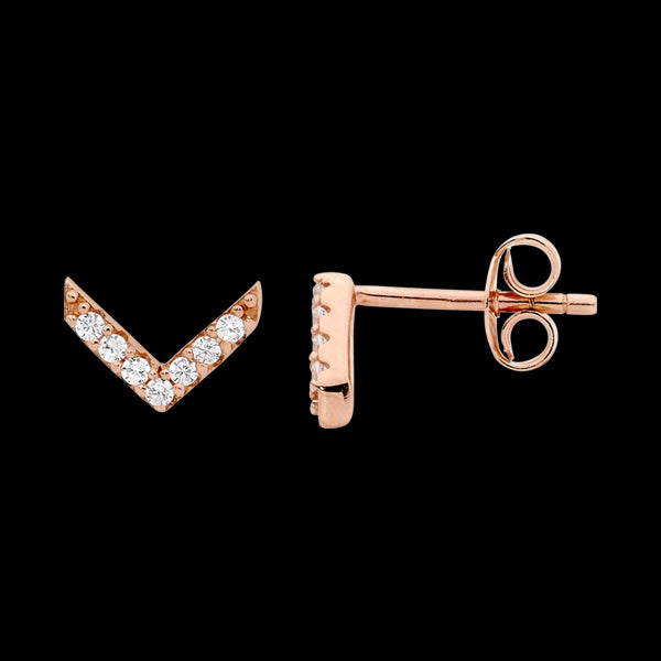 ELLANI STERLING SILVER ROSE GOLD CHEVRON CZ STUD EARRINGS