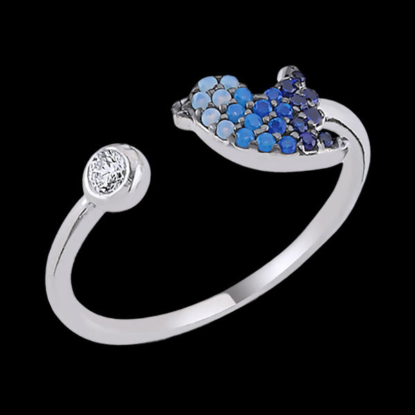 LUXXURY STERLING SILVER BIRDIE PAVE BLUE CZ ADJUSTABLE RING