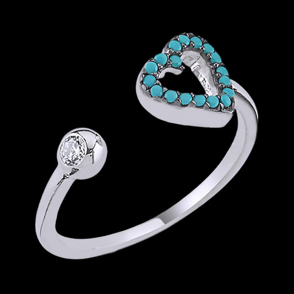 LUXXURY STERLING SILVER HEART MICRO TURQUOISE CZ ADJUSTABLE RING