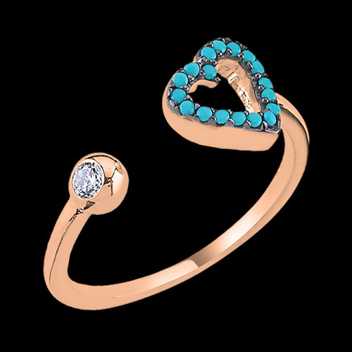 LUXXURY STERLING SILVER ROSE GOLD HEART MICRO TURQUOISE CZ ADJUSTABLE RING