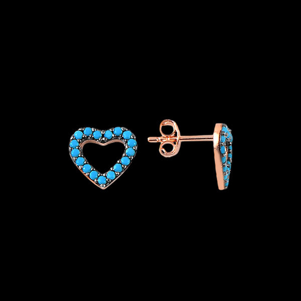 LUXXURY STERLING SILVER ROSE GOLD MICRO TURQUOISE HEART STUD EARRINGS