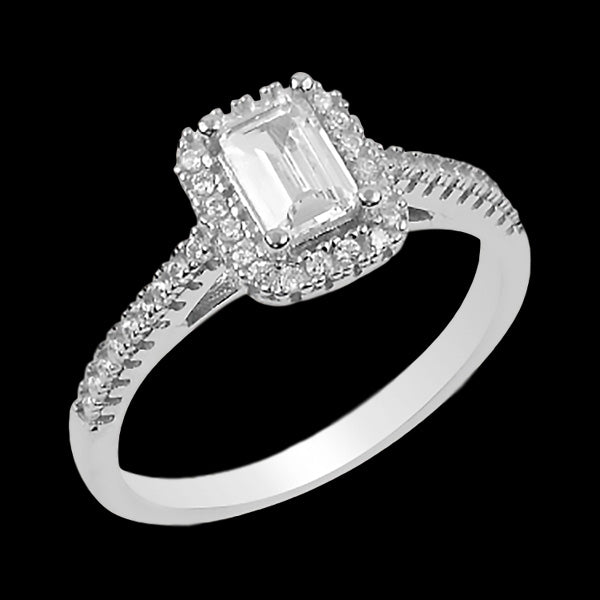 LUXXURY STERLING SILVER BAGUETTE SOLITAIRE HALO RING