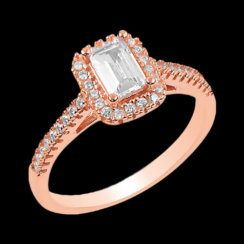 LUXXURY STERLING SILVER ROSE GOLD BAGUETTE SOLITAIRE HALO RING