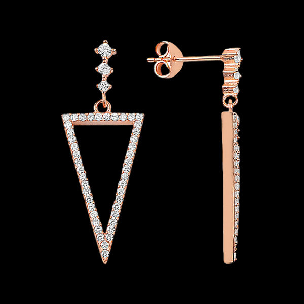 LUXXURY STERLING SILVER ROSE GOLD INVERTED TRIANGLE CZ DROP EARRINGS