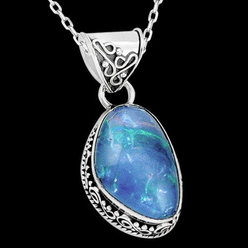 STERLING SILVER 11.9 CARAT BLUE AUSTRALIAN OPAL TRIPLET DROPLET NECKLACE