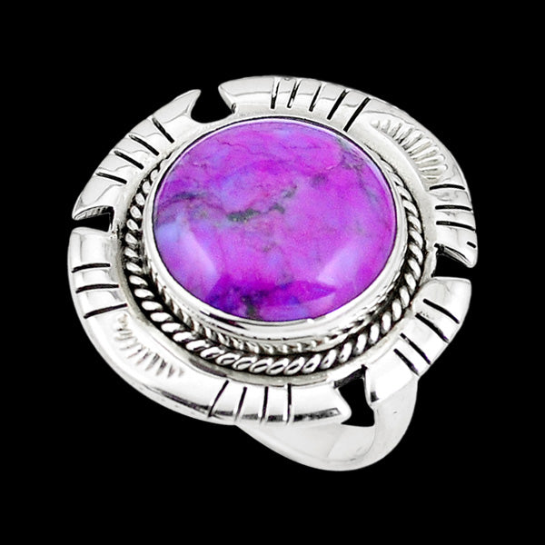 STERLING SILVER 12.3 CARAT PURPLE COPPER TURQUOISE ROUND SURROUND RING