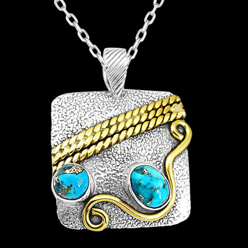 STERLING SILVER 2.8 CARAT BLUE COPPER TURQUOISE DUO SQUARE 18K GOLD PLATE NECKLACE