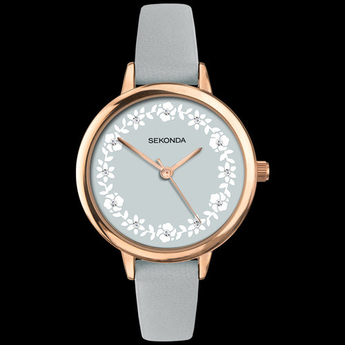 SEKONDA LADIES ROSE GOLD FLORAL CIRCLE BABY BLUE DIAL WATCH