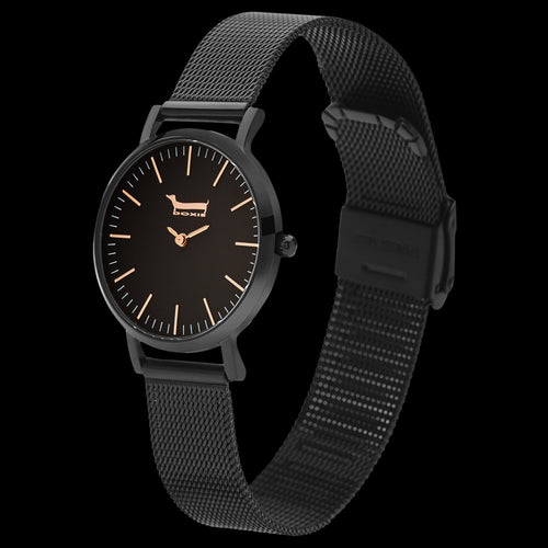 DOXIE BUDDY 34MM BLACK MESH WATCH - FRONT TILT VIEW