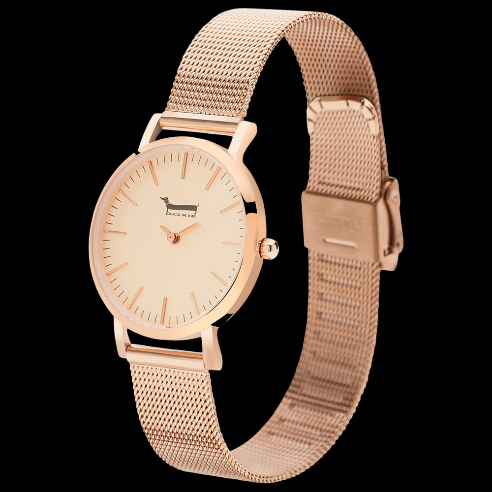 DOXIE KRANSKY 34MM ROSE GOLD MESH WATCH - TILT VIEW