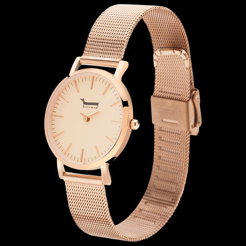 DOXIE KRANSKY 34MM ROSE GOLD MESH WATCH - TILT VIEW