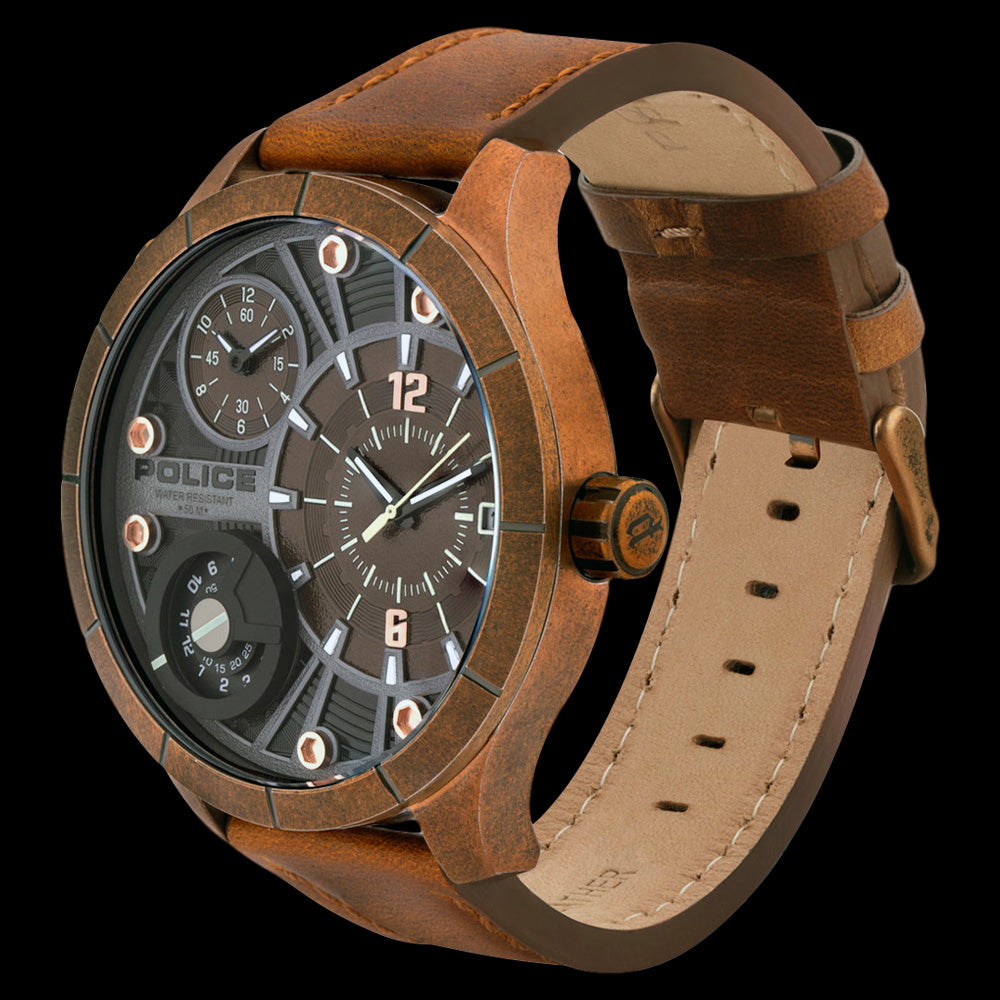 POLICE MEN'S BUSHMASTER BROWN LEATHER WATCH - ANGLE VIEW