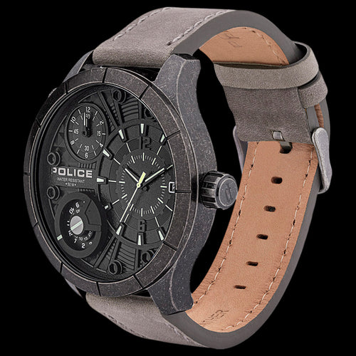 POLICE MEN'S BUSHMASTER GUNMETAL GREY LEATHER WATCH - ANGLE VIEW