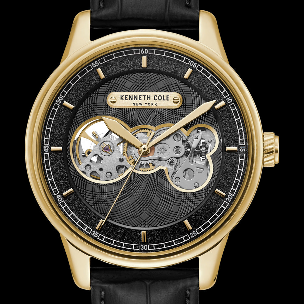 KENNETH COLE GOLD & BLACK SKELETON AUTOMATIC CUTOUT MEN'S WATCH - DIAL CLOSE-UP