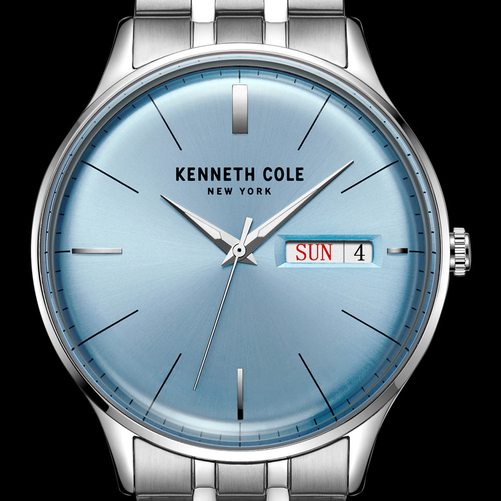KENNETH COLE SKY BLUE DIAL CLASSIC MEN'S LINK WATCH - DIAL CLOSE-UP