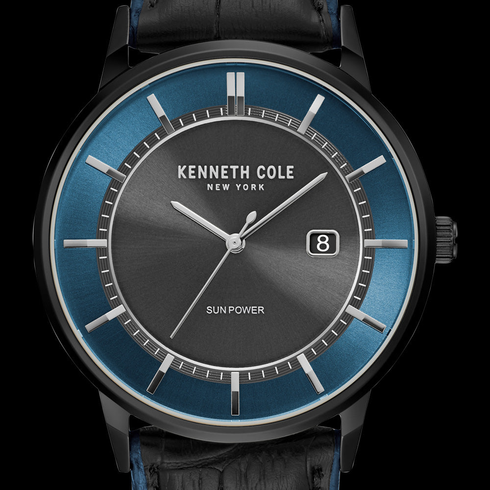 KENNETH COLE BLUE DIAL CLASSIC SOLAR SUNPOWER MEN'S WATCH - DIAL CLOSE-UP