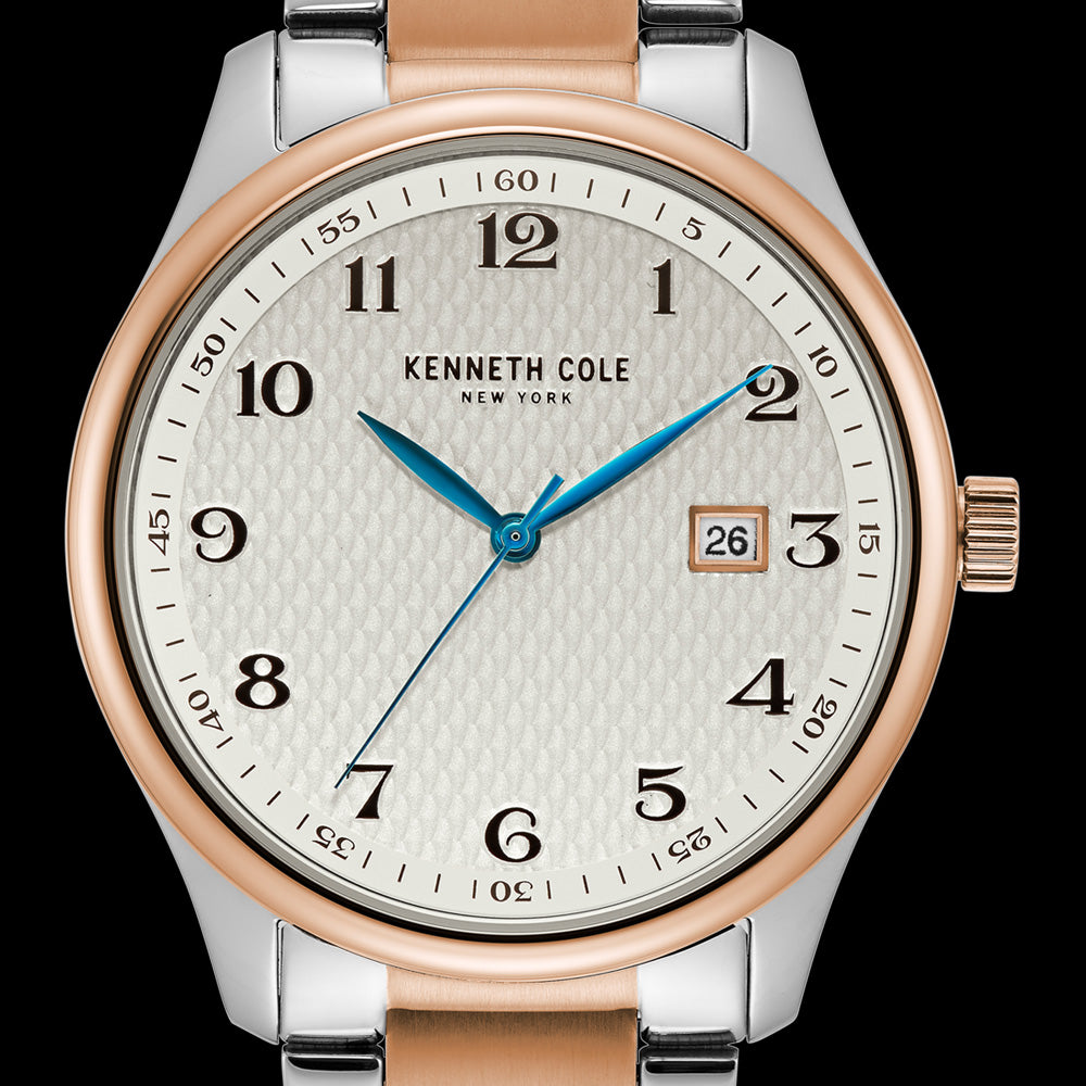 KENNETH COLE WHITE DIAL ROSE GOLD CLASSIC MEN'S LINK WATCH - DIAL CLOSE-UP