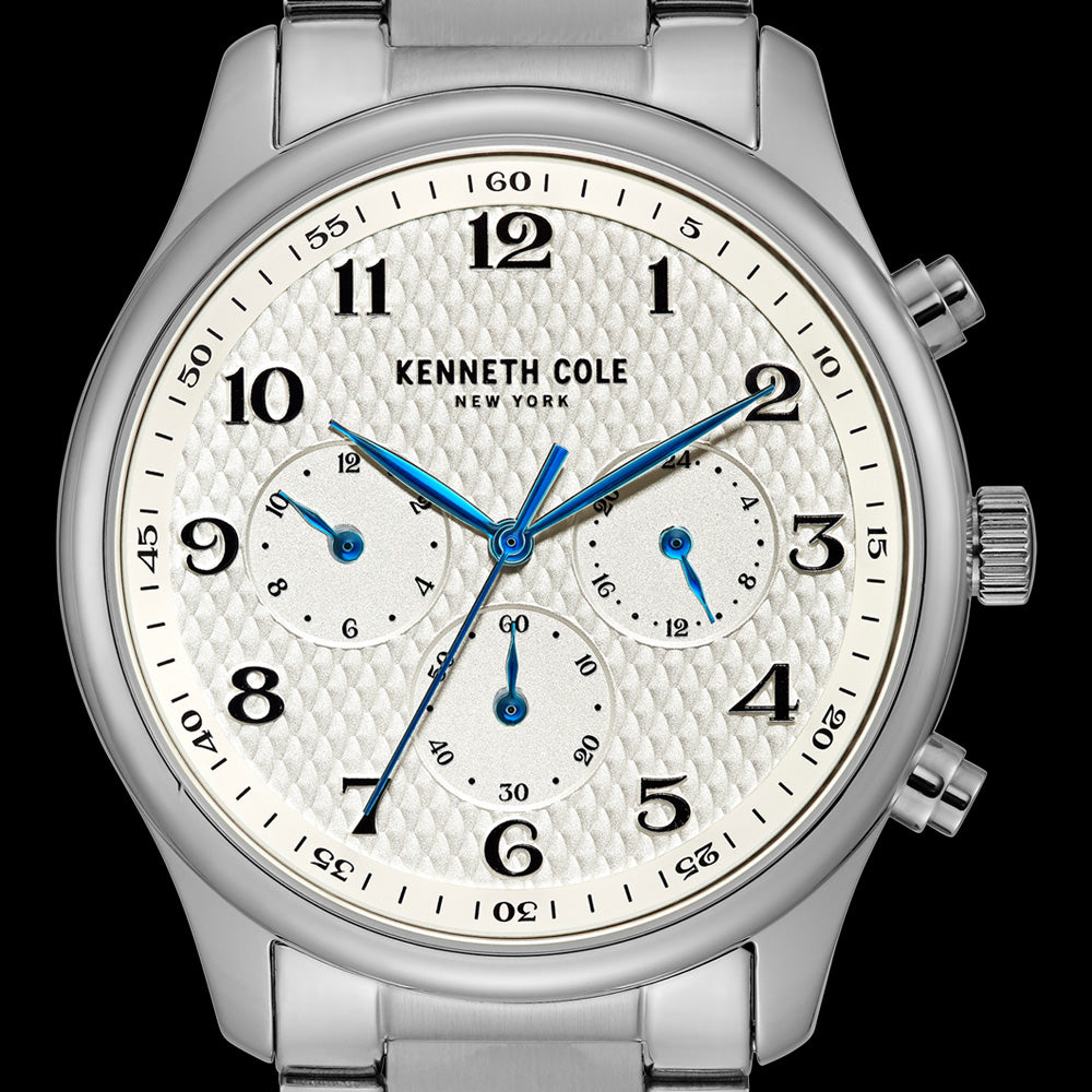 KENNETH COLE WHITE DIAL MULTIFUNCTION MEN'S LINK WATCH - DIAL CLOSE-UP
