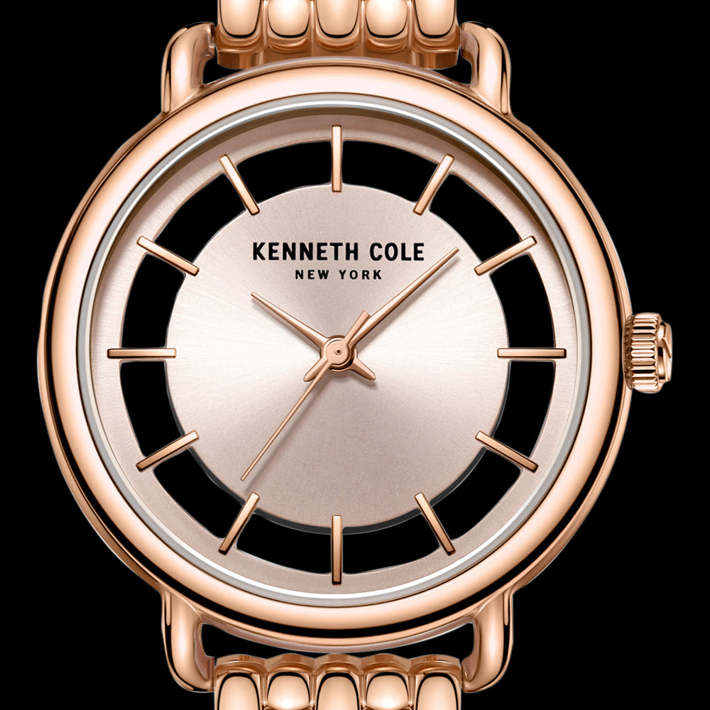 KENNETH COLE ROSE GOLD TRANSPARENCY LADIES LINK WATCH - DIAL CLOSE-UP