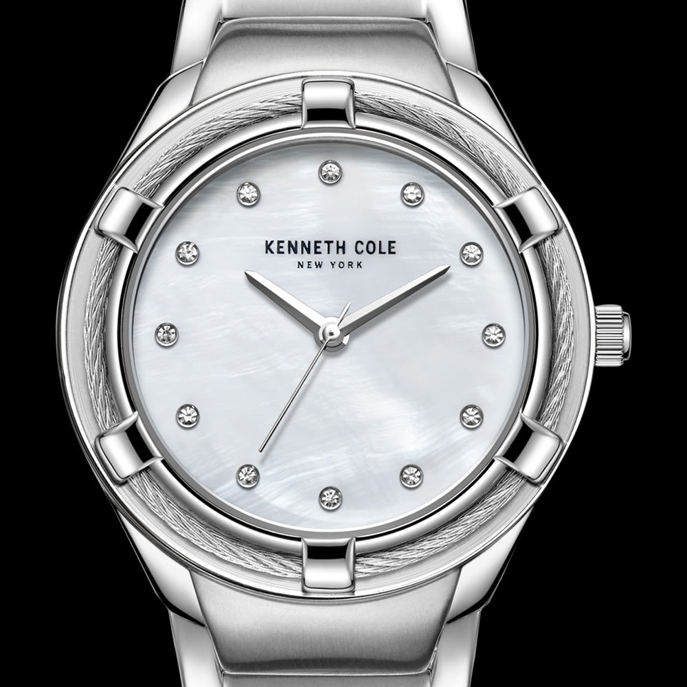 KENNETH COLE SILVER MOTHER OF PEARL GEM HALO CLASSIC LADIES WATCH - DIAL CLOSE-UP