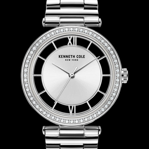KENNETH COLE SILVER GEM HALO TRANSPARENCY LADIES LINK WATCH - DIAL CLOSE-UP