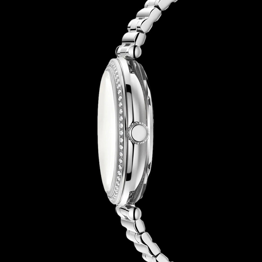 KENNETH COLE SILVER GEM HALO TRANSPARENCY LADIES LINK WATCH - SIDE VIEW