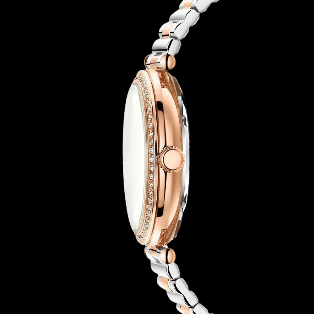 KENNETH COLE TWO TONE GEM HALO TRANSPARENCY LADIES LINK WATCH - SIDE VIEW