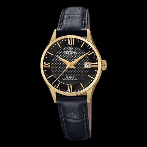 FESTINA LADIES SWISS SAPPHIRE BLACK DIAL GOLD LEATHER WATCH