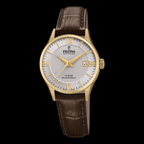FESTINA LADIES SWISS SAPPHIRE SILVER DIAL GOLD LEATHER WATCH