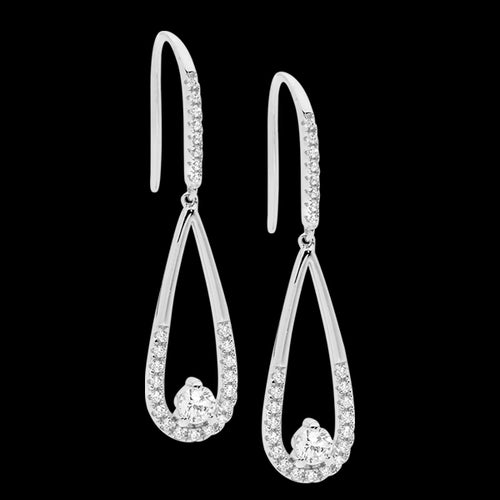 ELLANI STERLING SILVER SOLITAIRE OVAL CZ LONG DROP EARRINGS