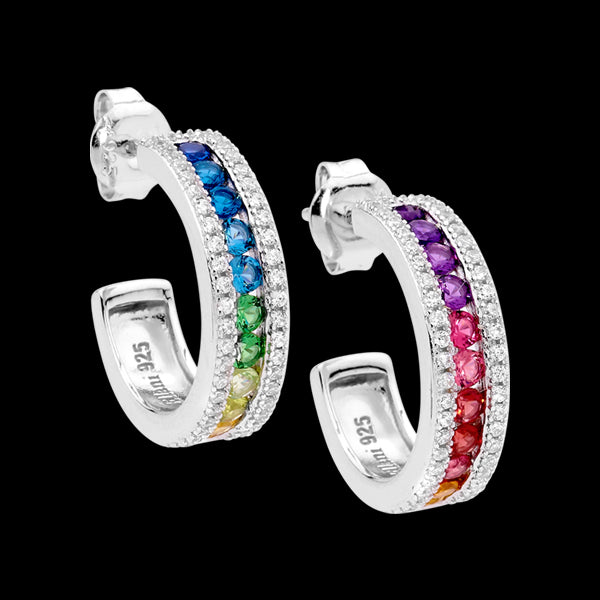 ELLANI STERLING SILVER 18MM RAINBOW CZ CHANNEL SET HOOP EARRINGS