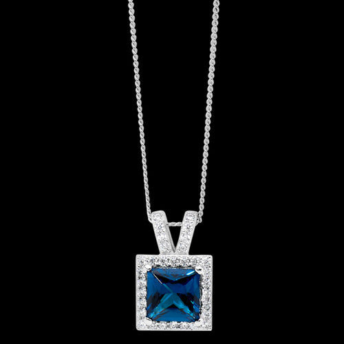 ELLANI STERLING SILVER 7MM LONDON BLUE CZ SQUARE HALO NECKLACE