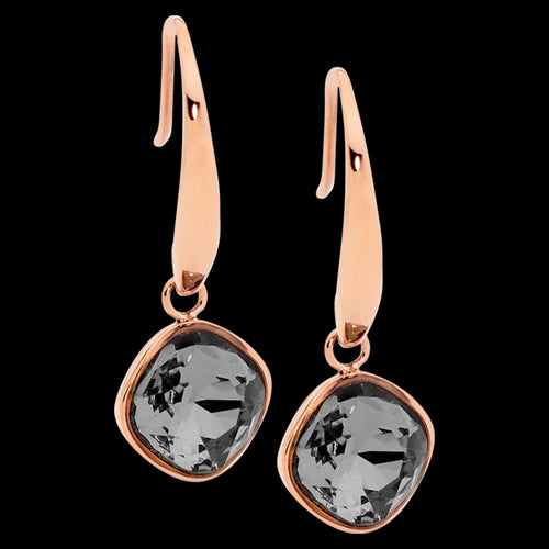 ELLANI STAINLESS STEEL ROSE GOLD SMOKEY GLASS SQUARE DROP EARRINGS